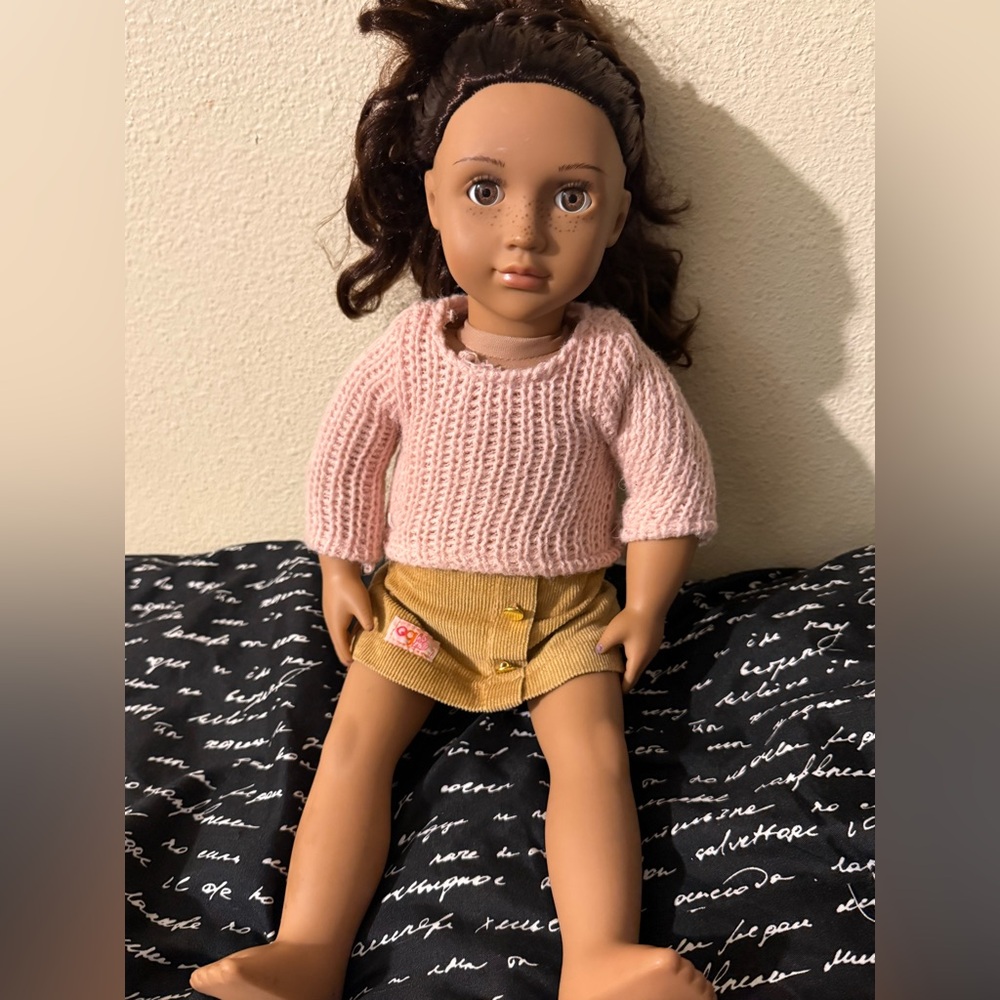 Our generation Doll whit Pink Sweater and Tan Skirt Outfit
